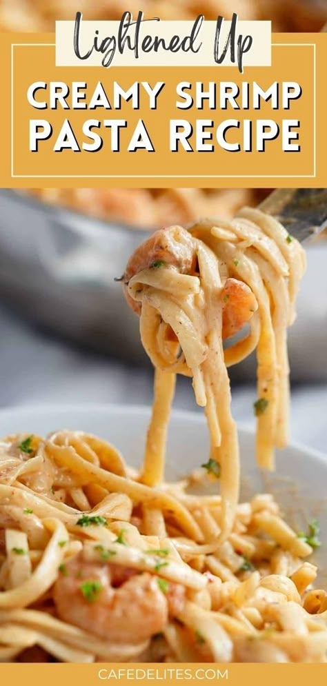 Shrimp Pasta in a creamy garlic, parmesan sauce is a lightened-up recipe without losing the creamy flavour! You won't even miss the heavy cream. The magic happens in the sauce by cooking cream cheese together with milk. Creamy Shrimp Pasta is easy to make and filled with so much flavour. Shrimp And Cream Cheese Recipes, Cream Cheese Shrimp Pasta, Cream Shrimp Pasta, Shrimp Pasta With Cream Cheese, White Sauce Shrimp Pasta, Cottage Cheese Shrimp Pasta, Shrimp Pasta Cream Sauce, Lightened Up Recipes, Shrimp Pasta With Cream Sauce