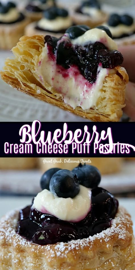 Blueberry Cream Cheese Puff Pastries are a delicious cream cheese blueberry dessert recipe baked in puff pastry shells. #blueberries #dessertfoodrecipes #yummy #puffpastries #greatgrubdelicioustreats Mini Cream Puff, Pastry Recipes Dessert, Cream Cheese Puffs, Cream Cheese Puff Pastry, Puff Pastry Recipes Dessert, Puff Pastry Shells, Puffed Pastry, Blueberry Desserts Recipes, Cream Cheese Pastry