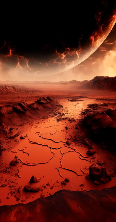 This haunting image presents a terrifying vision of Mars as a fiery hellscape, with an enormous red star hanging ominously in the sky. The desolate red landscape stretches out for miles, with hills looming in the distance. It's as if you've been transported to a world of eternal fire and brimstone. Use this image to inspire your imagination and stoke your sense of adventure, as you explore the mysteries of the universe. #Mars #redplanet #space #astronomy #cosmology #redplanet #iphonewallpaper Destiny 2 Ghost, Mars Aesthetic, Fire Planet, Future Dusk, Red Landscape, Fire And Brimstone, Theory Of Everything, Red Rising, Giant Star