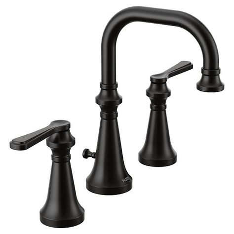 Colinet Matte black two-handle high arc bathroom faucet -- TS44102BL -- Moen Black Bath Faucet, Moen Colinet, Bathroom Faucets Black, Farmhouse Bathrooms, Touchless Faucet, Luxurious Showers, Widespread Bathroom Faucet, Bath Faucet, Lavatory Faucet