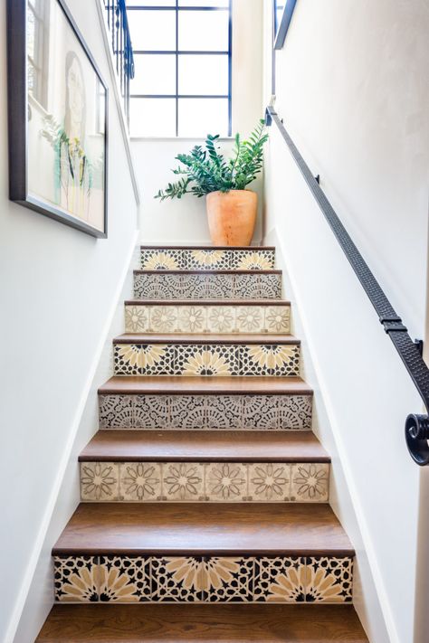 Stair Riser Vinyl, Modern Mexican Home, Vinyl Stairs, Spanish Interior, Spanish Revival Home, Spanish Home Decor, Spanish Modern, Stair Riser, Mexico House