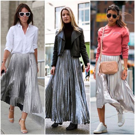 Metallic Midi Skirt Outfit, Outfits With Silver Skirt, Metallic Pleated Skirt Outfits Winter, Metalic Skirts Silver Outfit, Silver Midi Skirt Outfit, Pleated Maxi Skirt Street Style, Metallic Skirt Street Style, Silver Pleated Skirt Outfit, Silver Pleated Midi Skirt Outfit