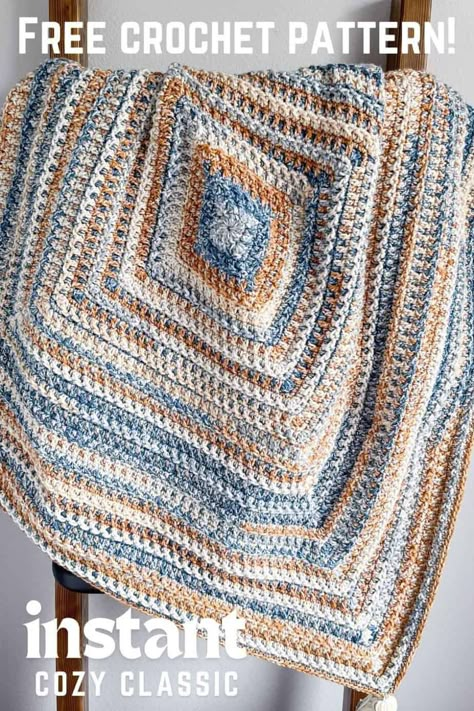 The Coastal Haven Throw is a free crochet blanket pattern by Nana's Crafty Home! This center-out square blanket is worked in the round with an easy to memorize, beginner friendly stitch repeat. With lovely and uniquely woven texture providing a different look. Made with self-striping yarn for easy color changes. This square blanket would make the perfect baby blanket or as a lovely and cozy throw for the couch! Blanket Crochet Square, Crochet Squares Afghan Blanket Patterns, One Color Crochet Afghan Patterns Free, One Color Granny Square Blanket, Crochet Blanket In Rounds, Granny Square Crochet Blanket Free Pattern, Crochet Blanket Patterns In The Round, Afgans Crochet Patterns Free Stitches, Crochet Patterns In The Round