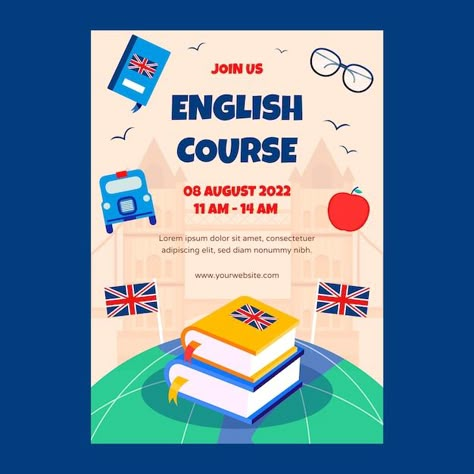 English Day Poster, English Posters Design, English Course Poster Design, Educational Advertisement, School Club Poster, Education Instagram Post, Retreat Flyer, English Classes For Kids, English Poster