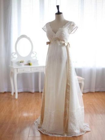 BohoProm Wedding Dresses A-line V-neck Sweep Train Chiffon Lace Wedding Dresses ASD26764 Wedding Dresses Sleeves, Dresses Sleeves, Empire Waist Wedding Dress, 2nd Wedding Dresses, Bridesmaid Dresses 2018, Empire Wedding Dress, Western Wedding Dresses, Floor Length Wedding Dress, White Bridesmaid