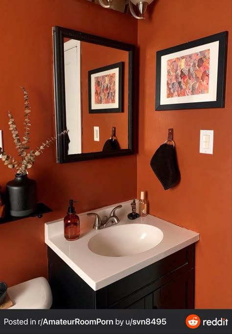 Orange And Black Bathroom Ideas, Rustic Orange Bathroom, Burnt Orange And Black Bathroom, Small Orange Bathroom, Orange Black Bathroom, Black And Orange Bathroom, Orange And Black Bathroom, Dark Orange Bathroom, Burnt Orange Bathroom Ideas