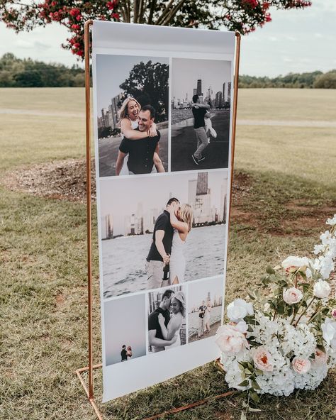 The perfect way to incorporate your engagement photos at your wedding ✨🤌🏼 Large Wedding Photo On Wall, Wedding Photo Stand, Photos Displayed At Wedding, Wedding Reception Photo Display, Wedding Photo Display At Reception, Wedding Canvas Ideas, Photography Display Ideas, Wedding Photo Board, Photo Display Wedding