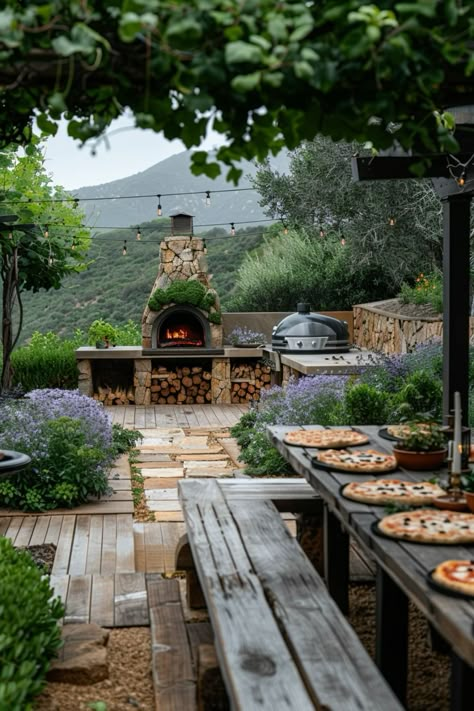 Garden Kitchen Pizza Oven, Mediterranean Garden Dining Area, Alfresco Garden Ideas, Outdoor Patio With Pizza Oven, Garden With Pizza Oven, Garden Pizza Oven Area, Small Italian Backyard Ideas, Mediterranean Kitchen Garden, Mediterranean Backyard Design