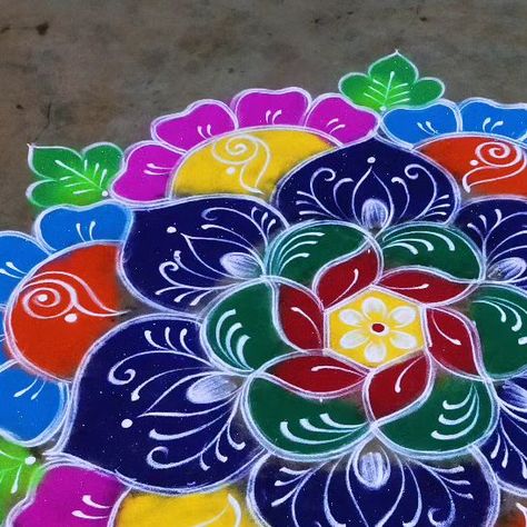 Tulsi Colour Painting, Free Hand Big Rangoli Designs, Muggu Designs With Colours, Colour Kolam Designs Rangoli, Rangolis For New Year, Mugulu Designs Latest With Colours, Rangoli Design For Diwali Latest, Colorful Rangoli Designs For Diwali, Mugullu Rangoli Designs For New Year