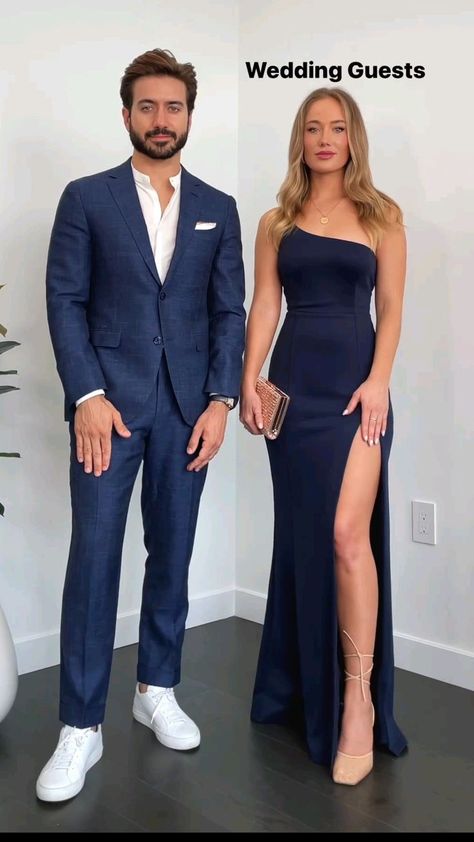 Suits And Dresses Couple, Suit And Dress Couple Outfit, Couple Outfits Wedding Guest, Matching Couple Wedding Guest Outfits, Couples Formal Outfits, Matching Outfits For Couples Formal, Old Money Wedding Guest Dress, Couple Wedding Guest Outfits, Couple Formal Outfits