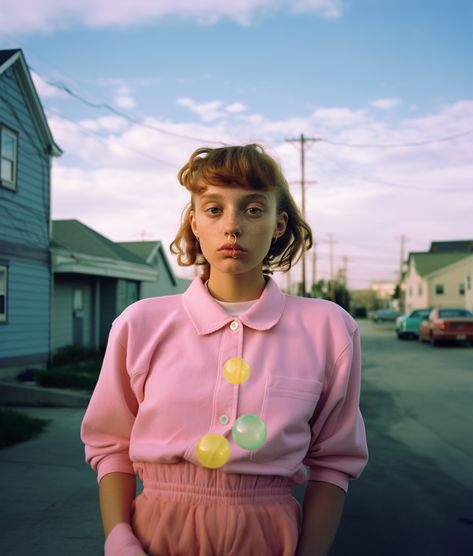 Street portrait - Prompt in caption: a girl eating a bubble gum, environmental portraits, Alec soth style, Kodak, medium format, aperture 1.8, portra 400 --ar 6:7 #AIArt #midjourney #PromptPal #aiartcommunity #promptart #sharethisprompt #digitalart #aiphotography #midjourneyartwork #midjourneygallery #midjourneyart #midjourneypeople #midjourneyartwork #midjourneygallery #aiartcommunity #aifashion #generativeart #generativearts #aiart #midjourneyportrait Portrait Concept Photography, Medium Format Photography Portraits, Middle School Portraits, Medium Format Film Photography, Medium Format Portrait, Midjourneyart Prompt, Environmental Portrait Photography, Manifest 2025, Pink In Concert