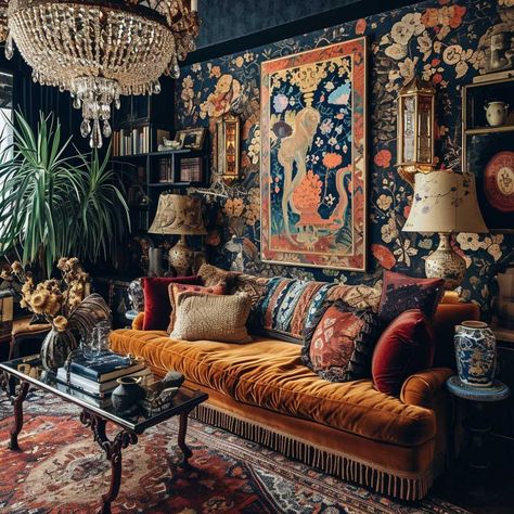 21+ Vibrant Maximalist Living Room Inspirations for Your Home • 333k+ Inspiring Lifestyle Ideas & Images Maximalist Living Room, Layered Lighting, Maximalist Decor, Lifestyle Ideas, Gothic Home, Bold Patterns, Maximalism, Rich Textures, Home Tour