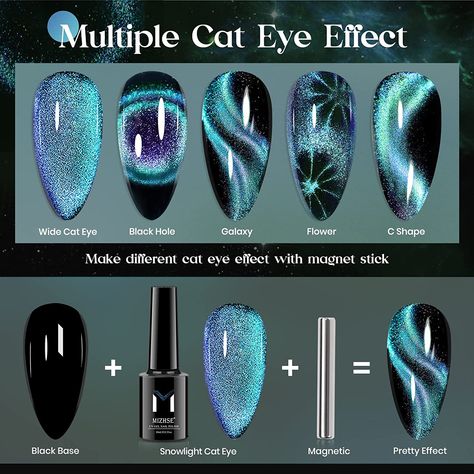 Long Acrylic Nails Cat Eye, Short Stilleto Nails Cat Eye, Cat Eye Witch Nails, Magnetic Dip Nails, Gel Nail Designs Cat Eye, Glow In The Dark Cat Eye Nails, Magnetic Sparkle Nails, Galaxy Nail Art Cat Eye, Two Color Cat Eye Nails