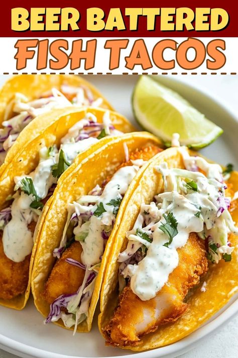 These Baja-style beer battered fish tacos are crispy, flavorful, and perfect for a laid-back meal. From the slaw to the sauce, they're too good to miss. Crispy Baja Fish Tacos, Haddock Fish Tacos Recipe, Easy Fried Fish Tacos, Grouper Fish Tacos, Mediterranean Fish Tacos, Baja Style Fish Tacos, Basa Fish Tacos, Baja Fish Taco Sauce Recipe, Beer Batter Fish Tacos