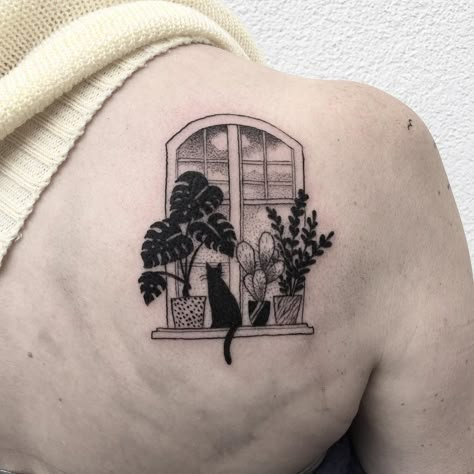 Minimalist style tattoo of a cat sitting on a window sill with the pots of flowers Window Tattoo, Girl Shoulder Tattoos, Cat Tattoo Simple, Muster Tattoos, Plant Tattoo, Tattoo Cat, Cat Tattoos, Tattoo Portfolio, 1 Tattoo