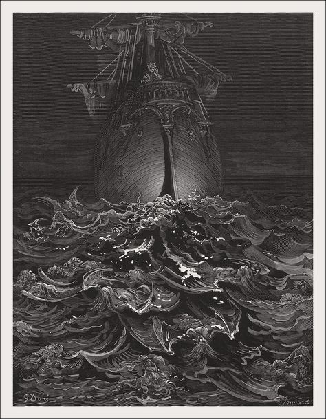 Rime of the Ancient Mariner by Gustave Dore Gustavo Dore, Paul Gustave Doré, Gustav Dore, Rime Of The Ancient Mariner, The Ancient Mariner, Ancient Mariner, Gustave Dore, Wood Engraving, A Ship