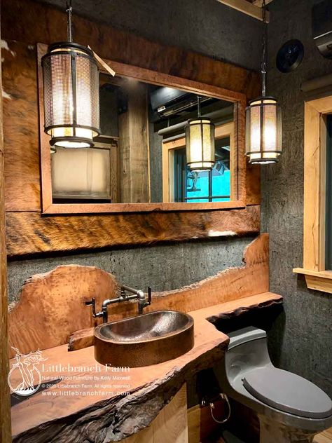 Rustic Vanities - rustic vanity - floating bathroom vanity Live Edge Vessel Sink, Live Edge Bathroom Counter, Live Edge Sink, Live Edge Bathroom Vanity, Live Edge Bathroom, Rustic Bathroom Faucets, Live Edge Vanity, Live Edge Mirror, Copper Bathroom Sink