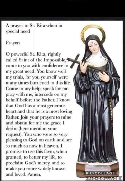 St. Rita (Saint of the impossible) devotional group | St Rita has done it for me, let's keep the faith and always pray and our good Lord will hear and answer our prayers. Prayer To St Rita, Novena Prayers Catholic, Catholic Saints Prayers, Saint Rita Of Cascia, Rita Of Cascia, Saints Prayers, St Rita Of Cascia, Saint Rita, St. Rita