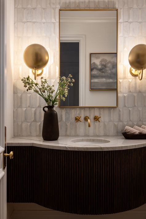 Hallbrook - Transitional - Powder Room - Kansas City - by Nate + Jessica | Trove Homes | Houzz Becki Owens Powder Room, Luxe Powder Room Ideas, Lux Powder Room Ideas, Guest Bathroom Transitional, Powder Room Tile Accent Wall, Organic Modern Powder Bathroom, Powder Room Backsplash Ideas, Tiled Powder Room, Timeless Powder Room