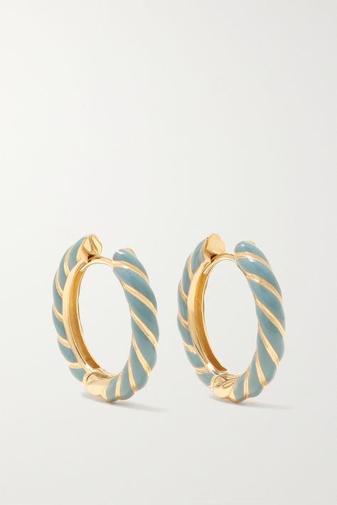 Alison Lou's 'Medium Streamer' earrings are perfect for wearing every day. They come in a twisted design handmade from 14-karat gold and coated with enamel in a shade the brand likens to jeans. Wear yours stacked with other hoops, studs and huggies. Enamel Earrings Studs, Enamel Fine Jewelry, Enamel Hoop Earrings, Blue And Gold Jewelry, Ginkgo Earrings, Gold Enamel Jewelry, Blue Hoop Earrings, Faberge Jewelry, Enamel Jewellery