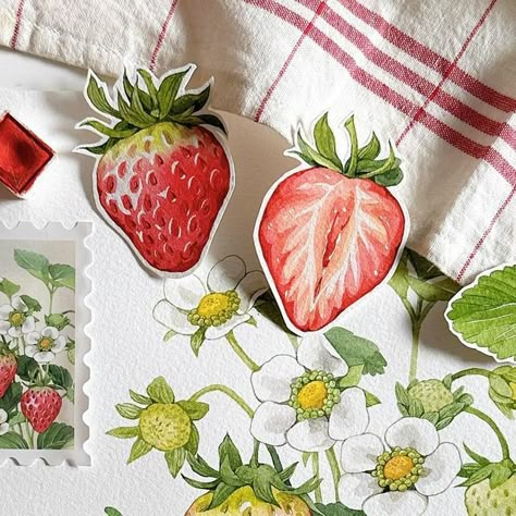 Strawberry Painting Tutorial, Food Drawing Watercolor, Watercolor Art Food, Watercolour Strawberry, Jam Watercolor, Food Drawing Sketches, Strawberry Sketch, Fruit Drawings, Strawberry Painting