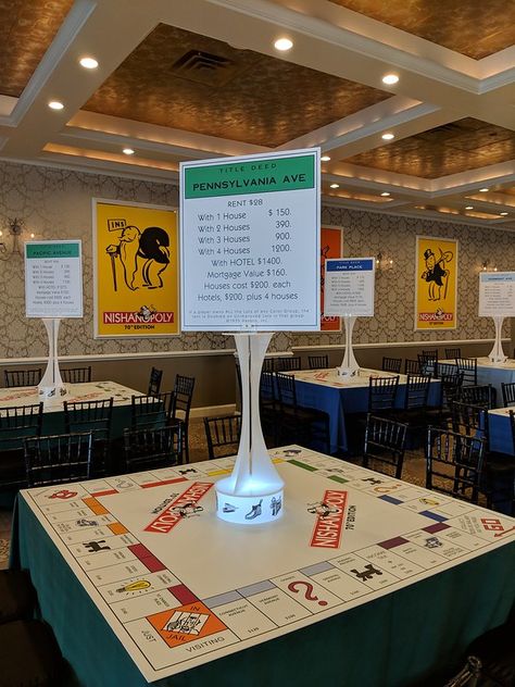 Monopoly Centerpiece Table Settings, Game Night Decorations Ideas Diy, Monopoly Themed Party Decor, Monopoly Birthday Party Ideas, Game Night Centerpiece Ideas, Game Night Centerpieces, Gaming Centerpieces, Board Game Centerpieces, Monopoly Decor