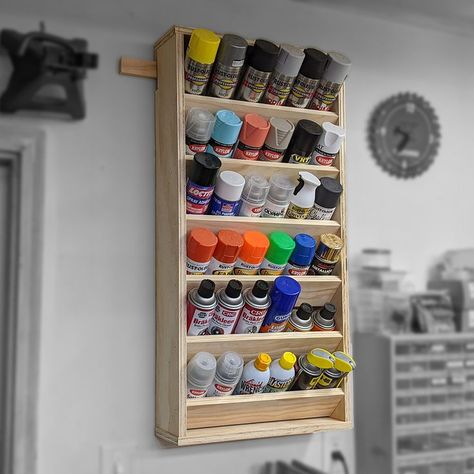 Here are detailed drawings for the paint can storage rack I made. It's relatively simple but holds a bunch of paint cans, or similarly sized cans, on your wall! Storing Spray Paint Cans Ideas, Diy Paint Can Storage, How To Store Paint Cans, Spray Can Storage Ideas, Aerosol Can Storage, Diy Spray Paint Storage, Paint Holder Diy, Paint Roller Storage, Paint Can Storage Ideas