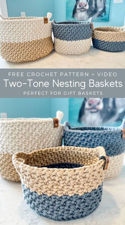 Two Color Crochet Pattern, Crochet Box Pattern, Quick Crochet Projects To Sell, Crochet Market Ideas, Crochet Storage Baskets Free Pattern, Crochet Storage Baskets Free, Yarn Baskets, Easy Crochet Basket Pattern, Stacking Basket