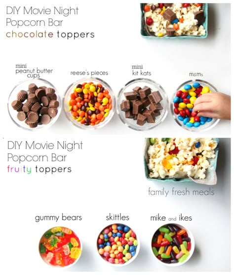 DIY Movie Night Popcorn Bar -- FamilyFreshMeals.com - Just think of all the different options from WinCo Bulk Foods! <3 Family Movie Night Snacks, Diy Movie Night, Hotel Transylvania 2, Movie Night Popcorn, Outdoor Movie Night, Movie Night Snacks, Backyard Movie Nights, Movie Night Ideas, Diy Snacks