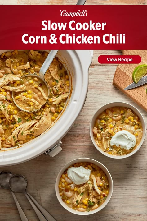 Switch things up from a traditional ground beef chili! Our Slow Cooker Corn & Chicken Chili takes only 10 minutes to prep and then slowly cooks. It’s the perfect recipe to share amongst friends and family at those holiday get-togethers or as an easy new year's eve party dish. Corn, green peppers and beans compliment the flavors and add texture. Try serving over rice or wrap it up in a tortilla for a heartier meal. Corn And Chicken Chili, Corn Chicken Chili, Campbell's Recipes, Slow Cooker Corn, Campbells Recipes, Dinner Crockpot, Ground Beef Chili, Corn Chicken, Chipotle Peppers