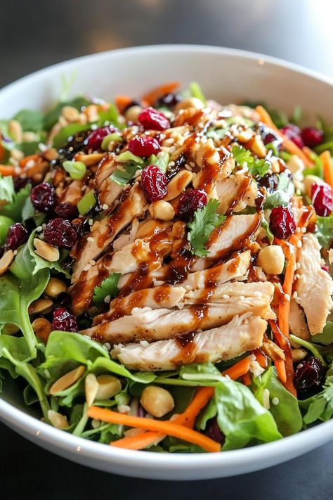 Asian Chicken Cranberry Salad Spinach Chicken Salad Recipes, Chicken Harvest Salad, Cranberry Chicken Salad Recipe Healthy, Hearty Salad Recipes Dinners, Salads Ideas Healthy, Teriyaki Chicken Salad Recipe, Winter Salad With Chicken, Asian Cranberry Chicken Salad, Asian Salad Ideas