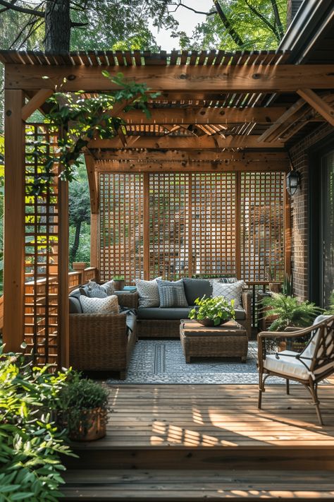 29 Small Deck Furniture Ideas 29 Pergola Around House, Landscaping Screening Ideas, Small Outside Deck Ideas, Creating Privacy On Deck, Screened Pergola Ideas, Deck Railing Privacy Ideas, Small Garden Privacy Ideas, Under Deck Decorating Ideas, Back Deck Ideas Decorating