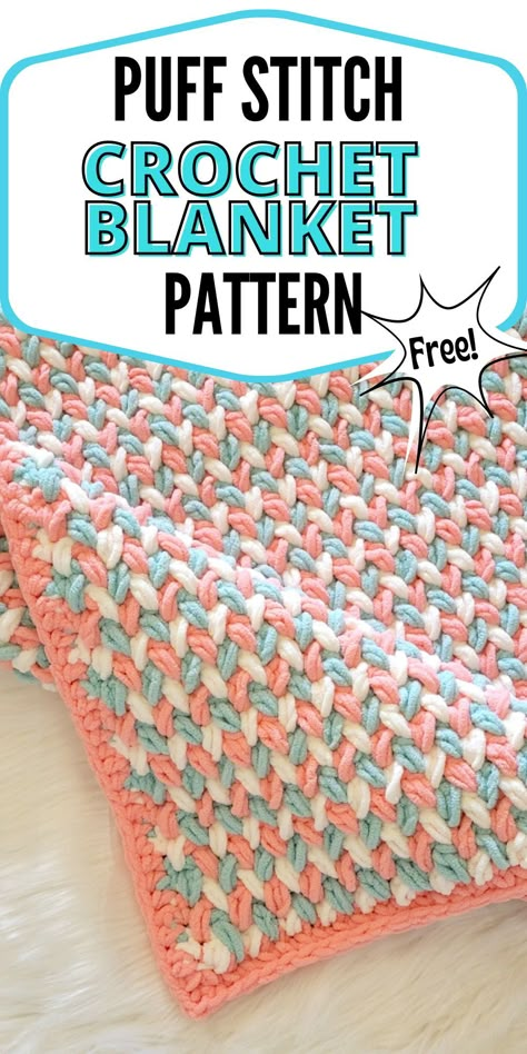 Crochet Puff Stitch Blanket, Candy Twist Blanket Chunky Baby Blanket Crochet Pattern, Bernat Blanket Patterns, Quick Crochet Blanket, Chunky Yarn Crochet Pattern, Chunky Yarn Crochet, Chunky Crochet Blanket Pattern, Bernat Baby Blanket Yarn, Puff Stitch Crochet, Modern Crochet Blanket