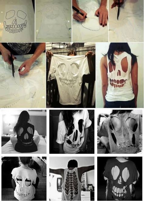 Diy Goth Clothes, Cut Shirt Designs, Diy Cut Shirts, Diy Skulls, Shirt Makeover, Cutout Shirts, Cut Up Shirts, Easy Diy Clothes, Diy Kostüm