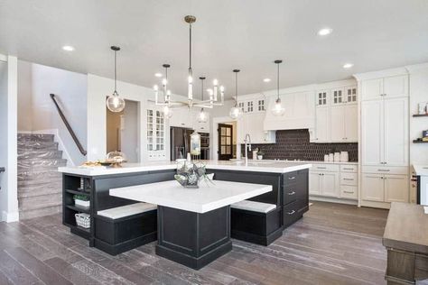 Kitchen center island with built in booth Kitchen Booth Ideas, Kitchen Island Booth, Unique Kitchen Island Ideas, Unique Kitchen Island, Kitchen Booth, Island Dining Table, Kitchen Island Dining Table, Kitchen Island Table, Kitchen Island Dining