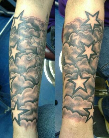 Arm Tattoos Stars, Chest Tattoo Clouds, Clouds And Stars Tattoo, Shading Tattoos, Star Sleeve Tattoo, Cloud Tattoos, Cloud Tattoo Sleeve, Cloud Tattoo Design, Half Sleeve Tattoos Forearm