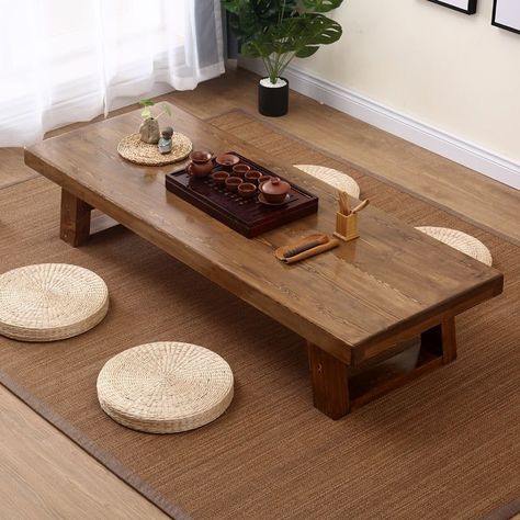 Scandinavian Wood Furniture, Japanese Table Design, Japanese Style Living Room Small Spaces, Cozy Tea Room, Floor Table Ideas, Japanese Table Decor, Cozy Japanese Living Room, Tea Table Design For Living Room, Floor Dining Table Ideas