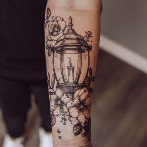 Streetlight Tattoo, Candle Lantern Tattoo, Silly Tattoo Ideas, Myself Tattoo, Lantern Tattoos, Mia Tattoo, Tattoos Painting, Louisiana Tattoo, Forearm Tats