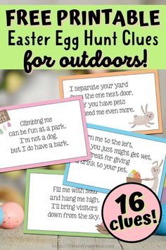 Want to do a fun Easter scavenger hunt for kids this year? Use these free printable Easter scavenger hunt clues to make it easy! These printable Egg hunt clues are perfect for kids and teenagers too, because they're a little more challenging. Just print the scavenger hunt riddles, cut them out, and hide them indoors or outside. Comes with 32 free printable Easter scavenger hunt cards. Add this to your list of fun Easter egg hunt ideas for kids! Easter Clues For Kids, Free Easter Scavenger Hunt Clues, Free Printable Easter Scavenger Hunt Clues, Free Printable Easter Egg Hunt Clues, Easter Riddles For Kids, Easter Scavenger Hunt Clues For Outside, Egg Scavenger Hunt Ideas, Easter Scavenger Hunt Ideas, Fun Easter Egg Hunt Ideas