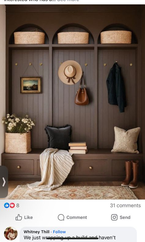 Arched Built Ins, Mudroom Addition, Warehouse Office, Mudroom Decor, Home Hall Design, Mudroom Design, Side Porch, Hall Design, Home Entrance Decor