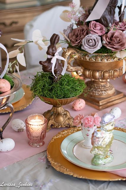 Whimsical Easter Decor, French Easter Decor, Bunny Tablescape, Shabby Chic Tablecloth, Easter Tables, Eastern Aesthetic, Decorating For Spring, Easter Tea Party, Chocolate Rabbit