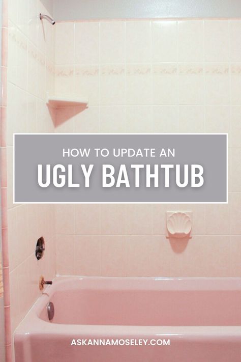 When we moved in our bathtub was pink! See how I update an ugly bathtub and make it fabulous! You won't believe the before & after pictures! Bathtub Insert Makeover, Cheap Bathtub Remodel, How To Redo A Bathtub, Bathtub Replacement Ideas, Diy Bathroom Remodel Before And After, Bathtub Refinishing Diy, Diy Bathroom Tub Remodel, Redoing Bathtub, Cheap Tub Remodel