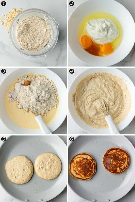 These Greek Yogurt Pancakes are so fluffy and delicious, you won't believe they're healthy! Full of protein and made with wholesome ingredients Green Yogurt Pancakes, Diet Yogurt Recipes, Low Calorie Yogurt Breakfast, Simple Healthy Pancakes, Greek Yogurt Oatmeal Pancakes, Greek Yogurt Pancakes Flourless, Pancake Greek Yogurt, Pancakes Yogurt Recipe, Almond Flour Greek Yogurt Pancakes