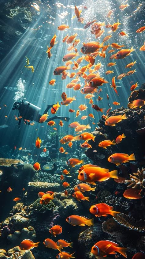 Scuba diver exploring a vibrant coral reef with a school of orange fish illuminated by sunlight rays. World Ocean Day. royalty free stock photograph Sea Fish Photography, Ocean Fish Photography, Coral Reef Aesthetic, Fish Screensaver, Aquarium Wallpaper, Aquarium Photography, Coral Reef Photography, Fish In The Ocean, Coral Reef Fish