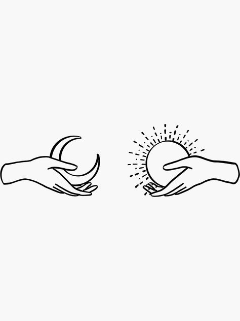 Hand Holding Moon And Sun Tattoo, Moon And Sun Aesthetic Drawing, Sun And Moon Hands Tattoo, Collar Bone Tattoo Spiritual, Sun And Moon Sketch Simple, Half Sun Half Moon Drawing, Hands Holding Sun And Moon Tattoo, Sun And Moon Sticker, Sun And Moon Drawing Easy