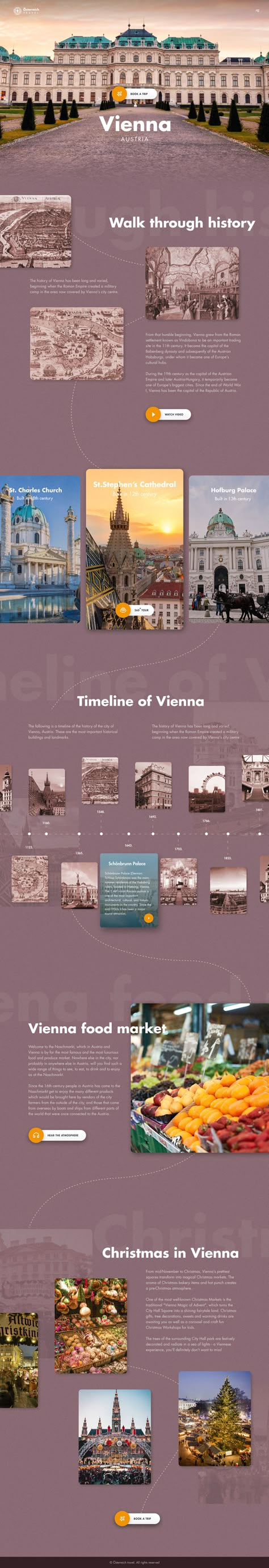 This is a website design concept I did a few years ago for the website showcasing the history tour of Vienna. The city's architecture inspired the color scheme, evoking the elegance and grandeur of Vienna's past. The UI layout incorporates maps and timelines to showcase Vienna's rich history, with interactive elements like audio guides and 360-degree virtual tours to enhance the user experience. The overall design tries to capture the essence of Vienna's cultural heritage and convey a sense of Timeline Website Design Layout, Cultural Website Design, City Website Design, History Website Design, Timeline Website Design, History Ui Design, Application Design Layout, Timeline Website, Tour Website