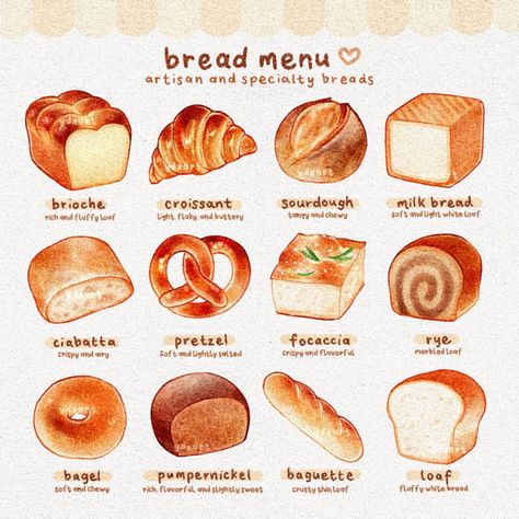 X Japanese Bread Illustration, Bakery Bread Aesthetic, Bakery Illustration Art, Bread Illustration Cute, Small Food Drawings, Breads Illustration, Bread Menu Design, Baked Goods Drawing, Cute Bread Drawings