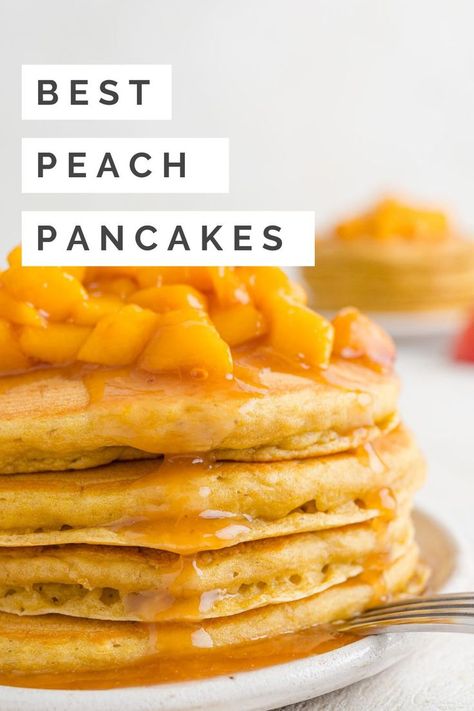 The best peach pancakes recipe that are light, fluffy, and infused with peach flavor in every bite thanks to peach puree (and you don’t have to peel peaches). Waffles Ice Cream, Peach Pancakes, Peach Sauce, Buttermilk Pancakes Fluffy, Cinnamon Roll Pancakes, Baked Custard, Pancake Toppings, Peach Puree, Perfect Pancakes