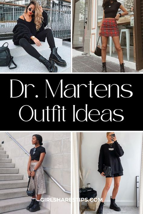 Looking for the best Dr. Martens outfit ideas for women? Check this post for style tips on what to wear with Doc Marten combat boots, and the 70+ trendiest ways to style Dr. Martens this year. Street Style Dr Martens, Outfit Inspo Combat Boots, Dr Martens Woman Outfit, Denim Skirt With Doc Martens, Business Casual Outfits With Docs, Doc Martens Outfit Skirt Tights, Doc Martin Date Night Outfit, Leather Skirt With Doc Martens, Doc Martens With Prom Dress