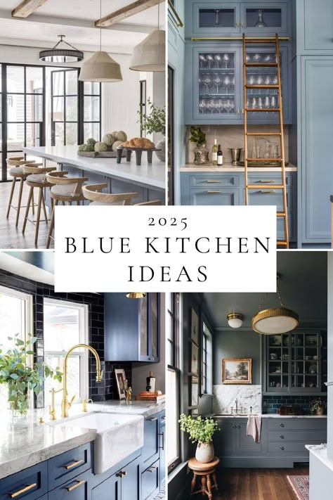 Beautiful Blue Kitchen Cabinet Ideas and Trends for 2025 – jane at home Kitchen With Dark Blue Walls, Blue Upper Cabinets Wood Lower, Pale Blue Kitchen Island, Kitchen Ideas With Blue Walls, Backsplash Ideas Blue Cabinets, Blue White And Natural Wood Kitchen, Open Concept Kitchen Living Room Blue Cabinets, Navy And Off White Kitchen, Navy Blue Peninsula Kitchen